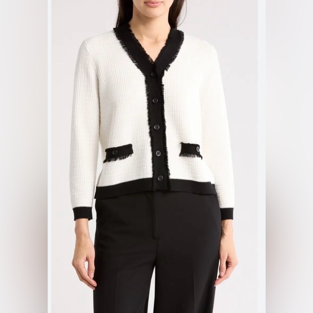 Adrianna Papell Cream and Black Fringe-Trim Button Cardigan